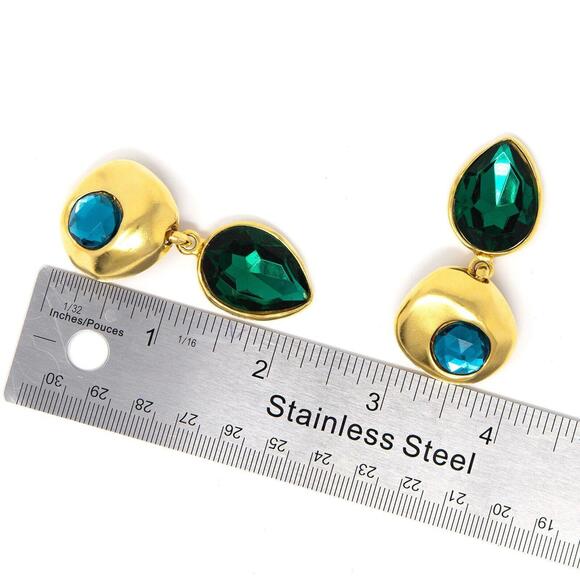 Vintage Ben-Amun Gold Tone Metal Blue Green Faceted Stone Clip On Earrings 2“ - Picture 9 of 9